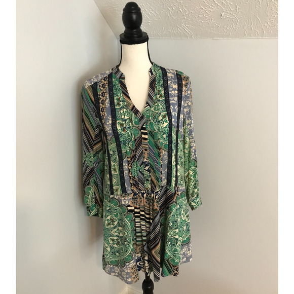 Anthropologie TINY Caviana Shirt Green Drop Waist Dress Mixed Print - Size PXS - Picture 2 of 11